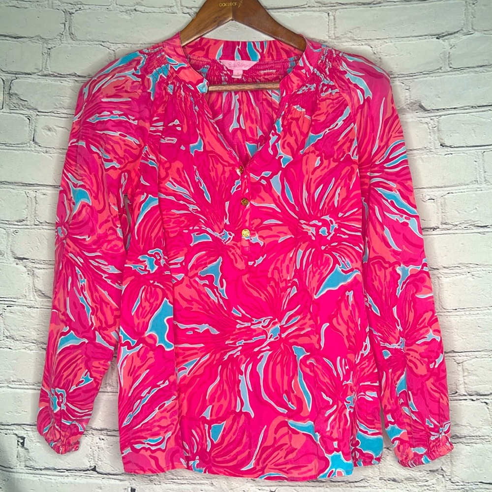 Lilly Pulitzer Pink Blue Floral Long Sleeve Silk Gold Button Top Size Small